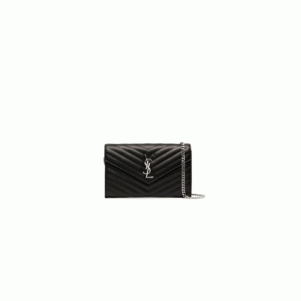 Saint Laurent Chain-strap YSL-plaque grained-leather wallet