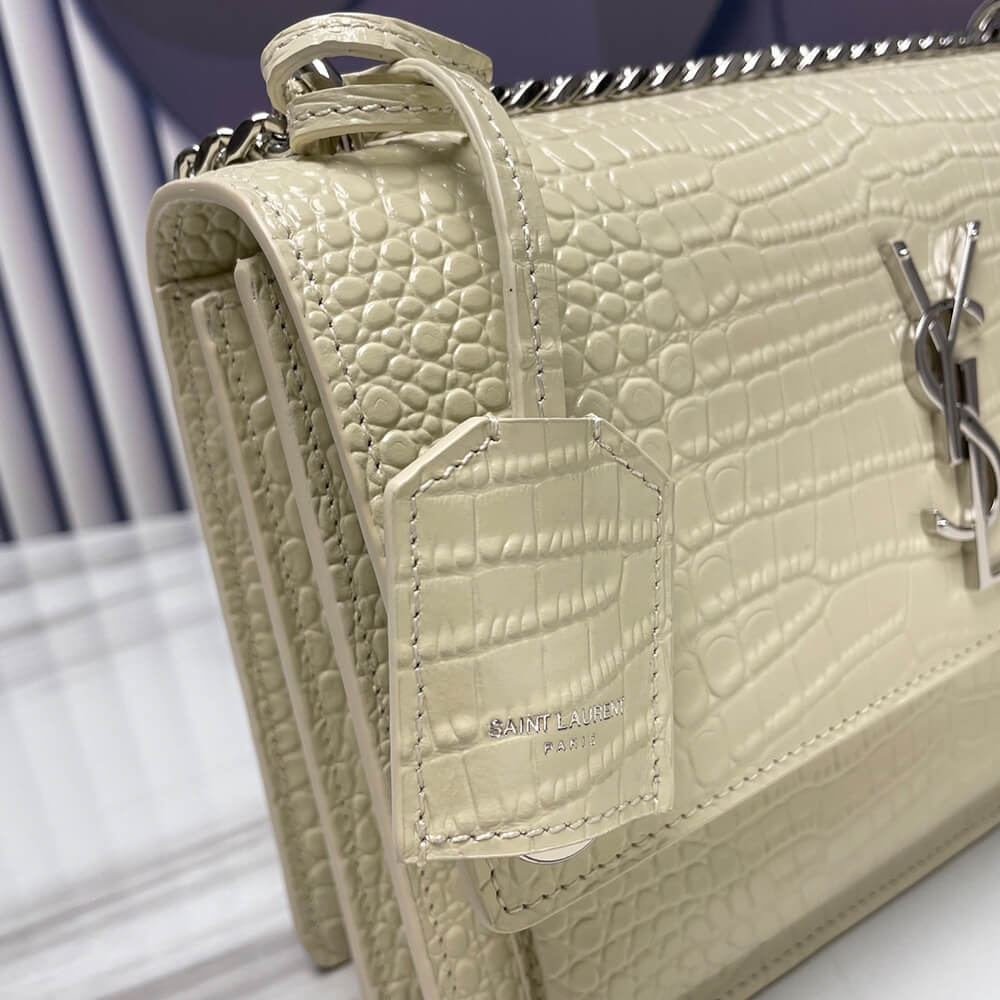 SUNSET MEDIUM CHAIN BAG IN CROCODILE-EMBOSSED SHINY LEATHER