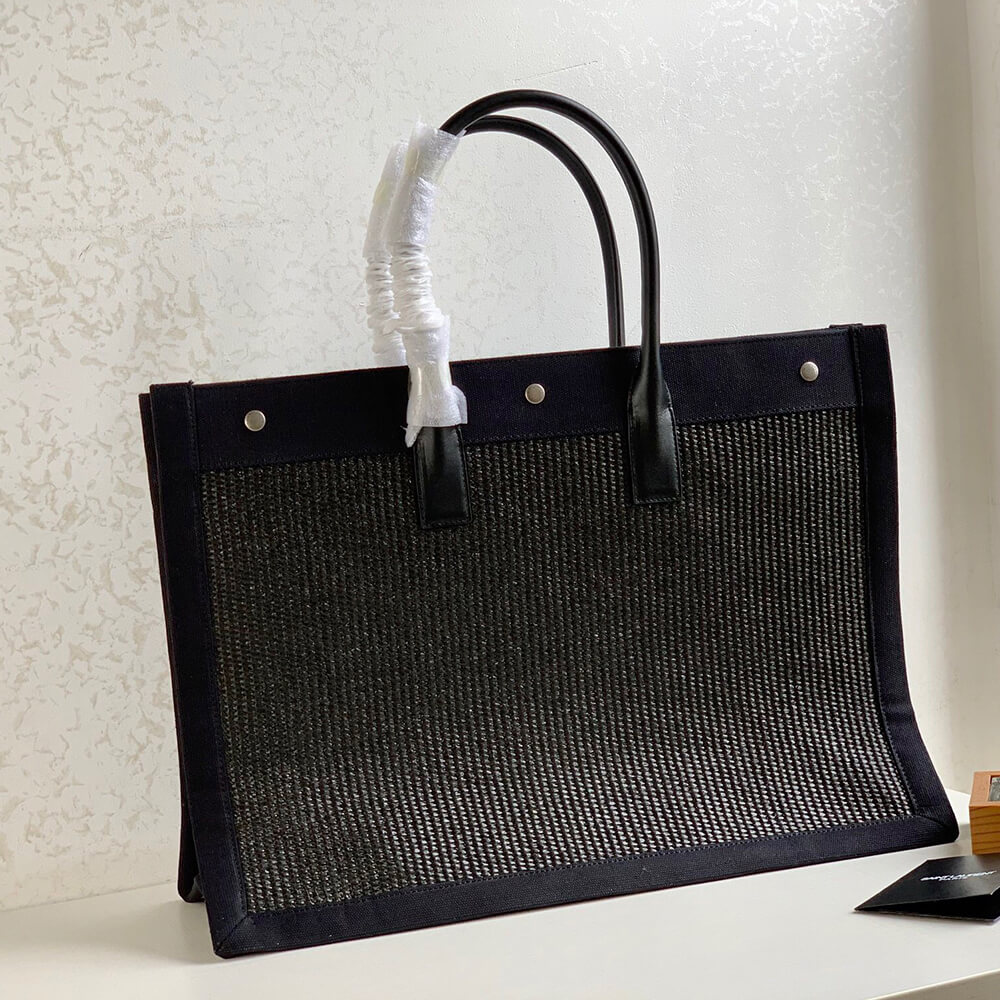 RIVE GAUCHE LARGE TOTE BAG IN EMBROIDERED RAFFIA AND LEATHER