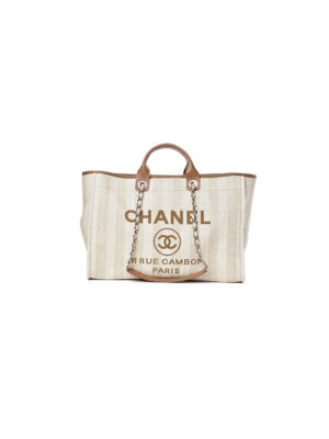 CHANEL Woven Straw Raffia Striped Medium Deauville Tote