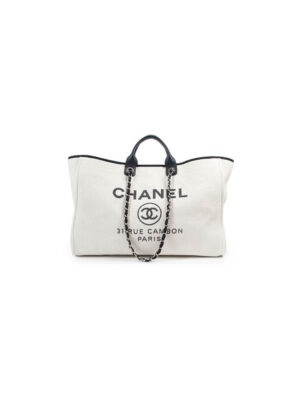 CHANEL Woven Straw Raffia Striped Medium Deauville Tote